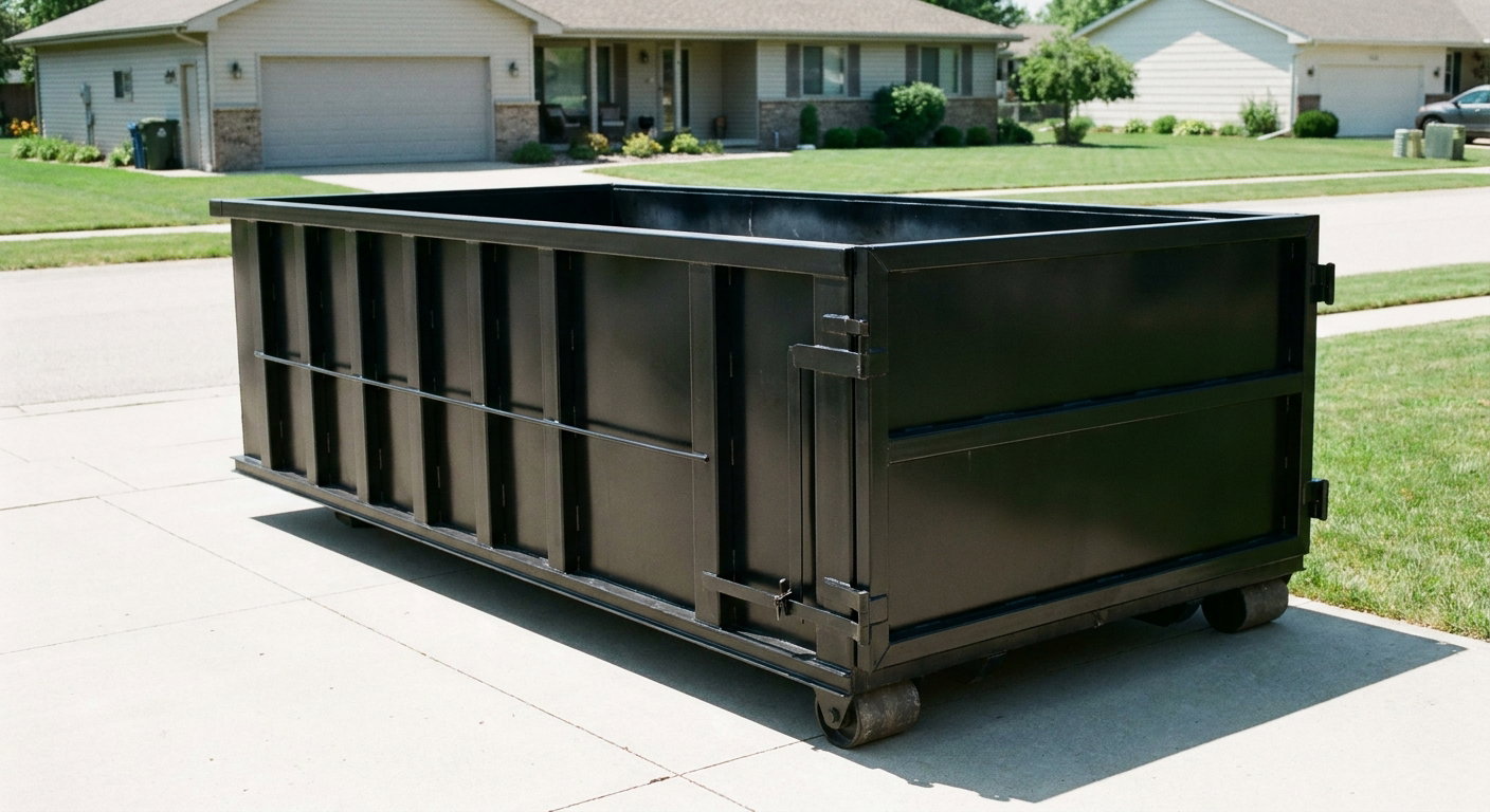 Matte-black 10-yard roll-off dumpster on a residential concrete driveway in Coon Rapids, uniformly painted matte black across every panel and rail, ribbed steel sidewalls and rear swing door visible, mid-day daylight.
