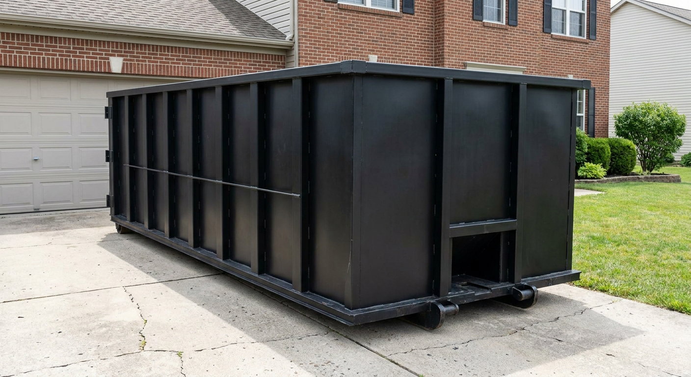 Matte-black 20-yard roll-off container on a Coon Rapids residential concrete driveway with reinforced ribbed steel sidewalls and a hinged rear walk-in door, clean bright daylight.
