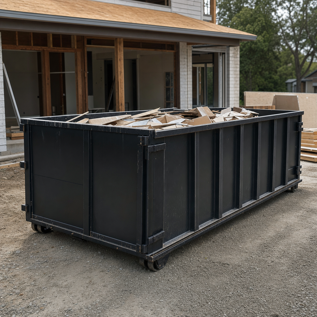 Large matte-black 30-yard construction roll-off dumpster at an active Coon Rapids jobsite, steel-gray top rails and bottom rollers visible, loaded with construction debris.