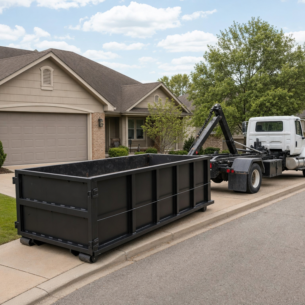 Wide documentary shot of a matte-black roll-off dumpster on a Coon Rapids residential driveway in the foreground and a contractor jobsite container in the soft-focus background, bright daylight, calm and orderly composition.