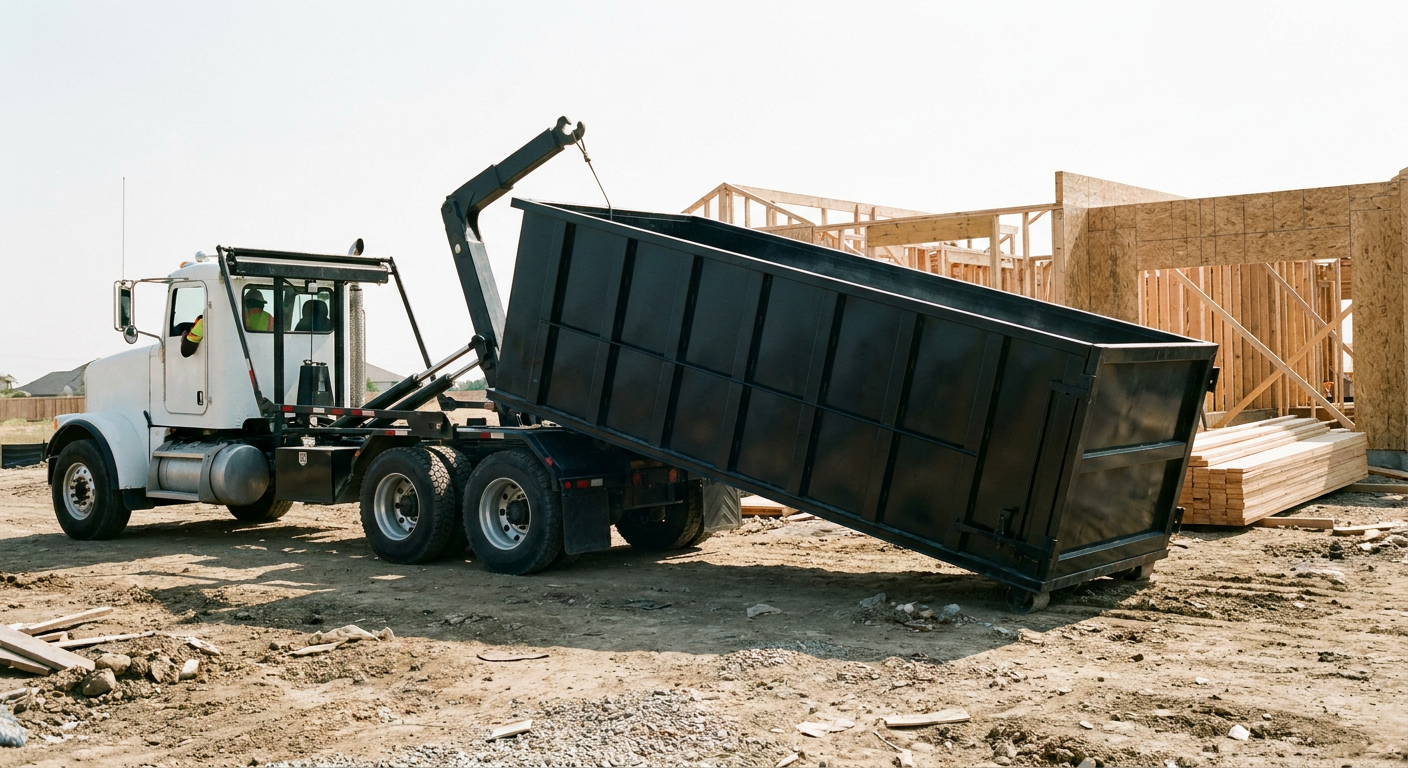 Matte-black roll-off dumpster being delivered onto a clean residential concrete driveway in Coon Rapids by an unmarked white hooklift hauler truck, bright morning daylight, documentary 35mm perspective.